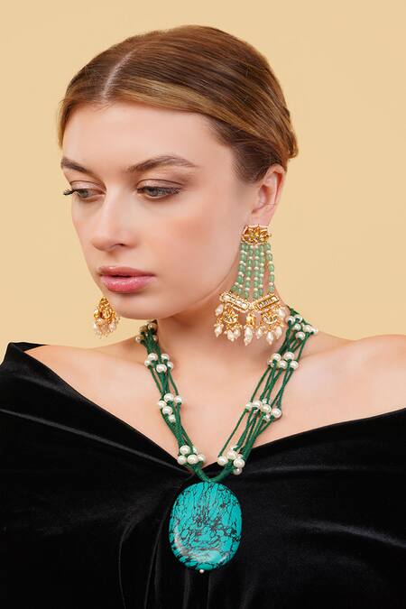 Dugran By Dugristyle_Green Beads Sabz Khwab Drop Earrings _Online_at_Aza_Fashions