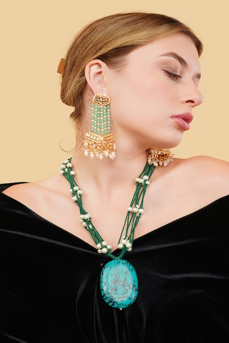 Buy_Dugran By Dugristyle_Green Beads Sabz Khwab Drop Earrings _Online_at_Aza_Fashions