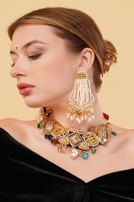 Shop_Dugran By Dugristyle_Gold Plated Faux Diamonds, Pearls Sunehri Khwab Drop Earrings _Online_at_Aza_Fashions