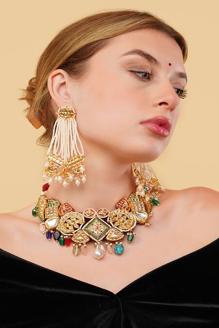 Dugran By Dugristyle_Gold Plated Faux Diamonds, Pearls Sunehri Khwab Drop Earrings _at_Aza_Fashions