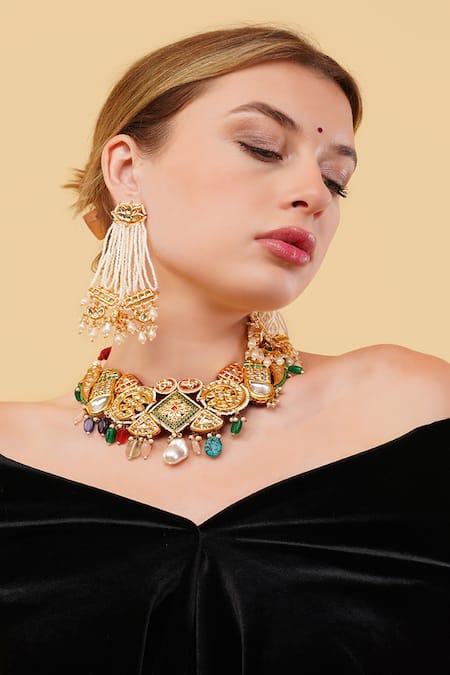 Shop_Dugran By Dugristyle_Gold Plated Faux Diamonds, Pearls Sunehri Khwab Drop Earrings _at_Aza_Fashions