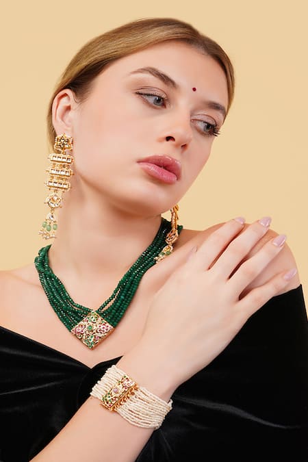 Shop_Dugran By Dugristyle_Green Gemstones, Pearls Hari Drop Earrings _at_Aza_Fashions