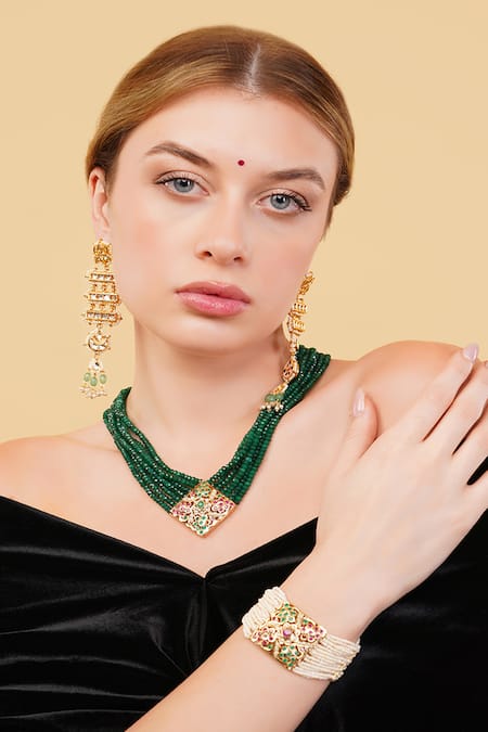 Buy_Dugran By Dugristyle_Green Gemstones, Pearls Hari Drop Earrings _Online_at_Aza_Fashions