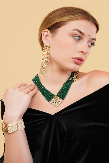 Shop_Dugran By Dugristyle_Green Gemstones, Pearls Hari Drop Earrings _Online_at_Aza_Fashions