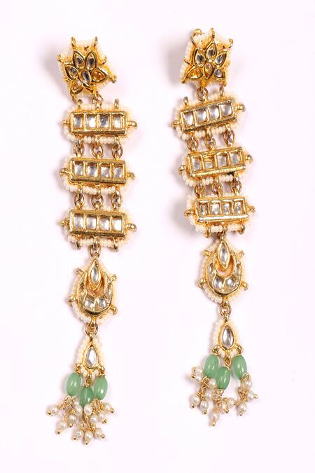 Dugran By Dugristyle_Green Gemstones, Pearls Hari Drop Earrings _at_Aza_Fashions