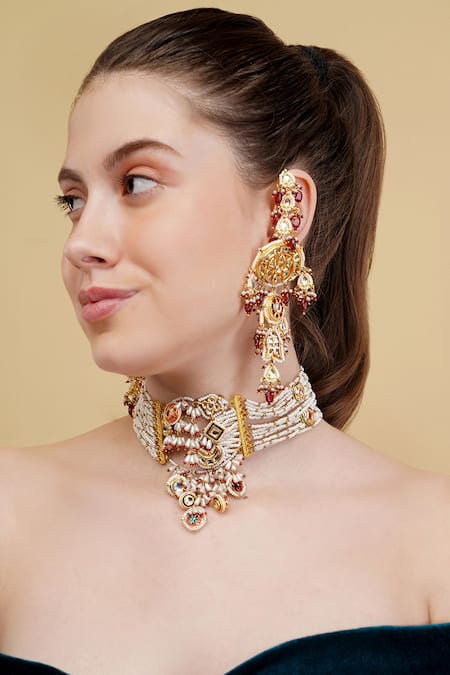 Shop Dugran By Dugristyle Multi Color Crystals, Stones Khoon Sa Rang Drop Earrings at Aza Fashions Shop_Dugran By Dugristyle_Multi Color Crystals, Stones Khoon Sa Rang Drop Earrings _at_Aza_Fashions