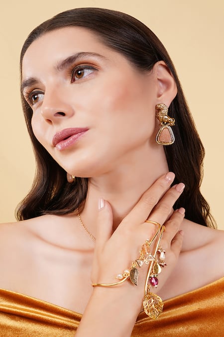 Shop_Dugran By Dugristyle_Gold Plated Beads, Stones Chamakti Zindagi Bracelet 