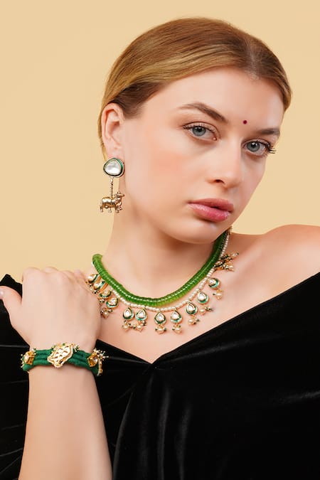 Shop_Dugran By Dugristyle_Green Imitation Gemstones Sabz Gehna Bracelet _at_Aza_Fashions