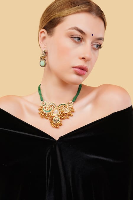Shop Dugran By Dugristyle Green Sabz Nazara Necklace at Aza Fashions Shop_Dugran By Dugristyle_Green Sabz Nazara Necklace _at_Aza_Fashions