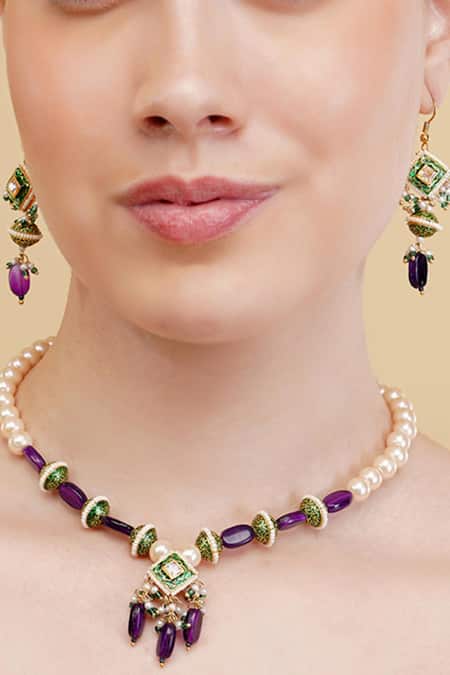 Dugran By Dugristyle Blue Pearls, Stones Aasmaani Husn Necklace With Earring Online at Aza Fashions Dugran By Dugristyle_Blue Pearls, Stones Aasmaani Husn Necklace With Earring _Online_at_Aza_Fashions