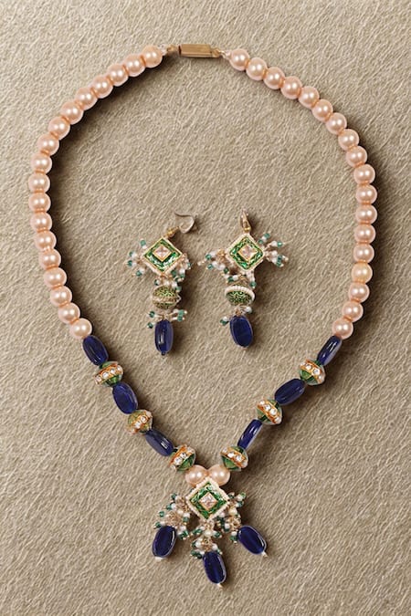 Dugran By Dugristyle Blue Pearls, Stones Aasmaani Husn Necklace With Earring 
