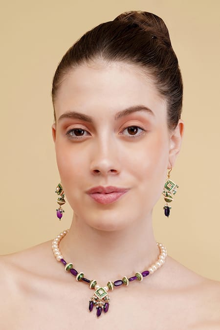 Buy Dugran By Dugristyle Blue Pearls, Stones Aasmaani Husn Necklace With Earring Online at Aza Fashions Buy_Dugran By Dugristyle_Blue Pearls, Stones Aasmaani Husn Necklace With Earring _Online_at_Aza_Fashions