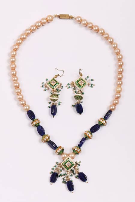 Shop Dugran By Dugristyle Blue Pearls, Stones Aasmaani Husn Necklace With Earring Online at Aza Fashions Shop_Dugran By Dugristyle_Blue Pearls, Stones Aasmaani Husn Necklace With Earring _Online_at_Aza_Fashions