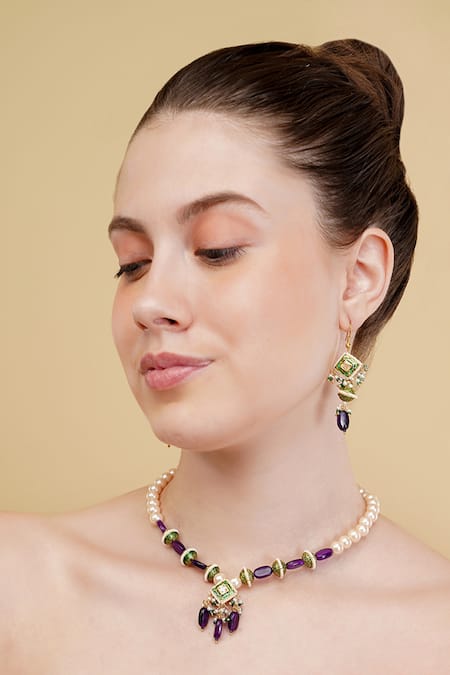 Shop Dugran By Dugristyle Blue Pearls, Stones Aasmaani Husn Necklace With Earring at Aza Fashions Shop_Dugran By Dugristyle_Blue Pearls, Stones Aasmaani Husn Necklace With Earring _at_Aza_Fashions