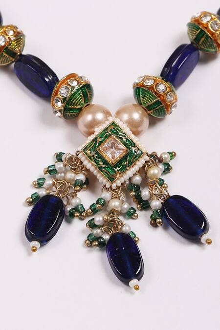 Shop Dugran By Dugristyle Blue Pearls, Stones Aasmaani Husn Necklace With Earring Shop_Dugran By Dugristyle_Blue Pearls, Stones Aasmaani Husn Necklace With Earring