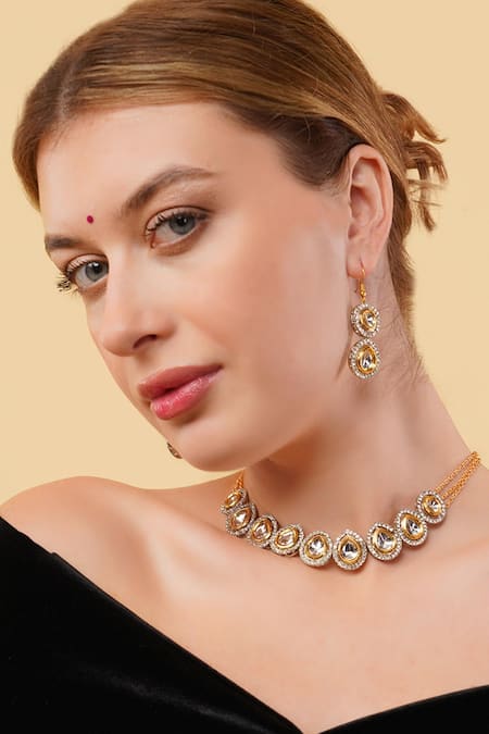 Dugran By Dugristyle Gold Plated Stones Sona Sa Asar Necklace With Earring 