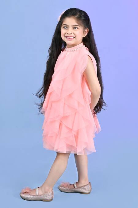 Toplove_Peach Net Pearls Butterfly Ruffles Dress _Online_at_Aza_Fashions