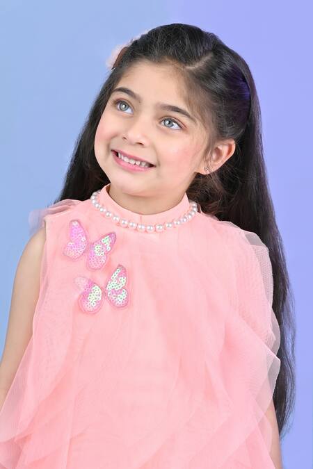 Buy_Toplove_Peach Net Pearls Butterfly Ruffles Dress _Online_at_Aza_Fashions