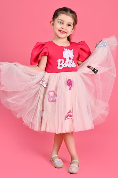 Toplove Pink Neoprene, Net Embroidery Barbie Dress 