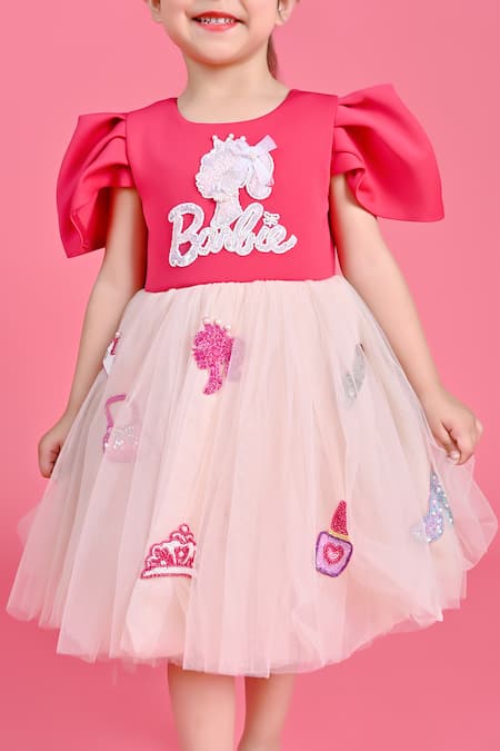 Buy Toplove Pink Neoprene, Net Embroidery Barbie Dress Online at Aza Fashions Buy_Toplove_Pink Neoprene, Net Embroidery Barbie Dress _Online_at_Aza_Fashions