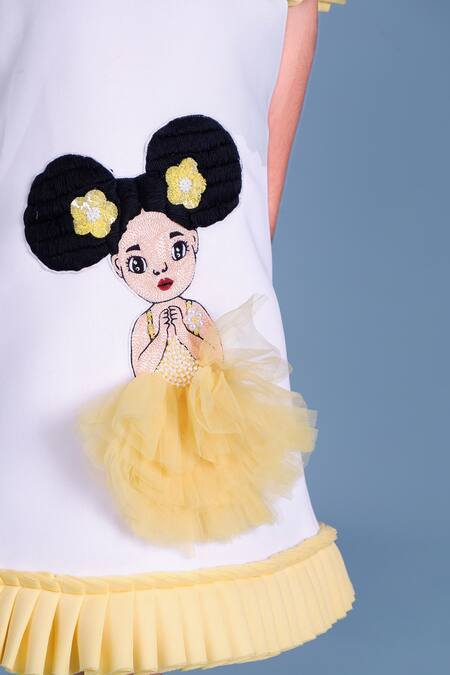 Toplove_Yellow Neoprene Embroidery, Pearls 3d Doll Dress _Online_at_Aza_Fashions