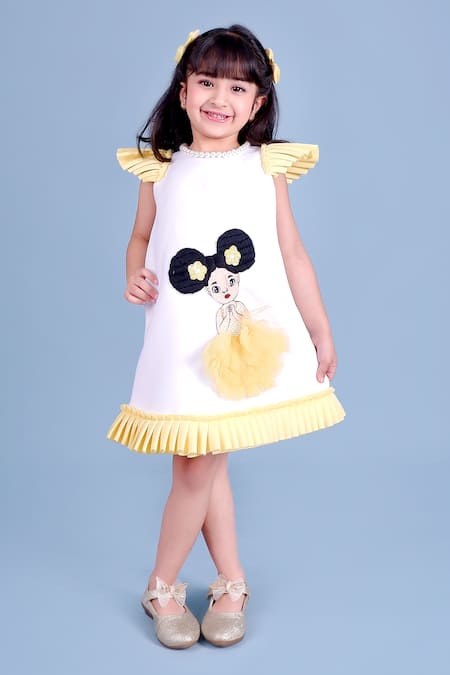 Toplove Yellow Neoprene Embroidery, Pearls 3d Doll Dress 