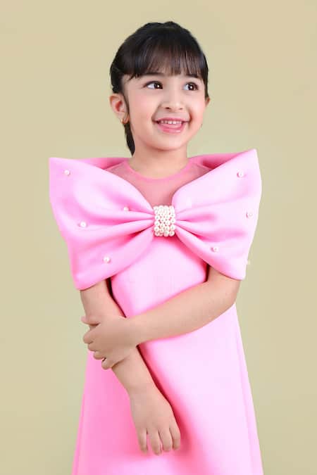 Toplove_Pink Neoprene Pearls Around The Shoulder Bow Dress _Online_at_Aza_Fashions