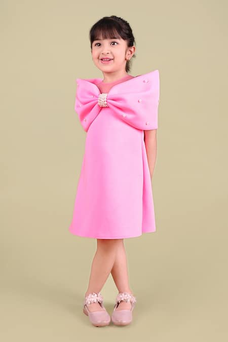 Buy_Toplove_Pink Neoprene Pearls Around The Shoulder Bow Dress _Online_at_Aza_Fashions