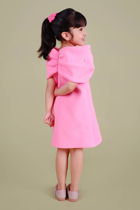 Shop_Toplove_Pink Neoprene Pearls Around The Shoulder Bow Dress _at_Aza_Fashions