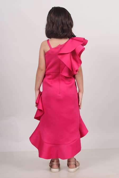 Shop_Toplove_Pink Neoprene Embroidery Black Heartily High Low Dress _at_Aza_Fashions