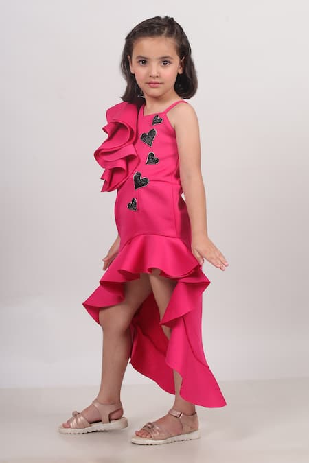 Buy_Toplove_Pink Neoprene Embroidery Black Heartily High Low Dress _Online_at_Aza_Fashions