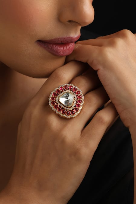 Swabhimann Red Stones Polki Adjustable Ring 