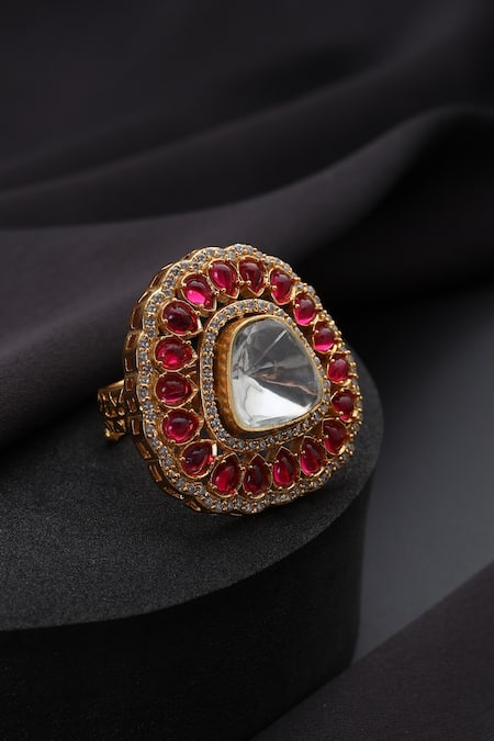 Shop_Swabhimann_Red Stones Polki Adjustable Ring _at_Aza_Fashions