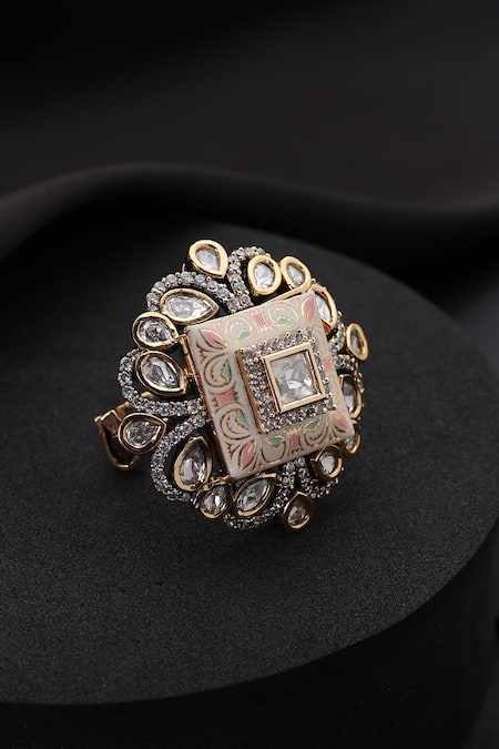 Shop_Swabhimann_Pink Meena Polki Adjustable Ring _at_Aza_Fashions