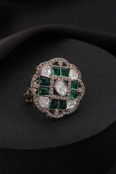 Shop_Swabhimann_Green Stones Polki Adjustable Ring _at_Aza_Fashions