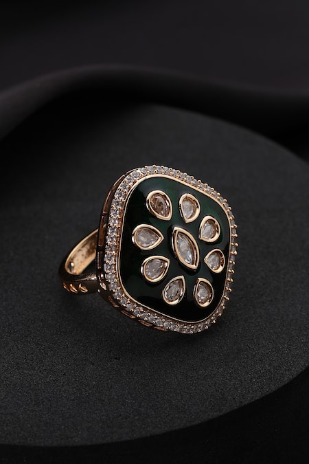 Shop_Swabhimann_Green Stones Polki Meena Adjustable Ring _at_Aza_Fashions