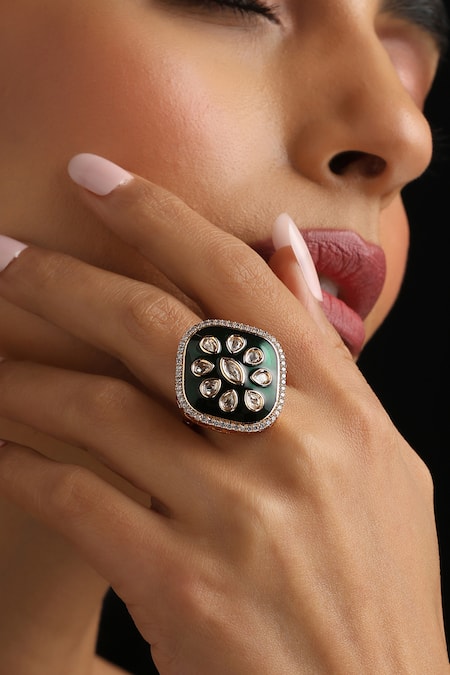 Swabhimann Green Stones Polki Meena Adjustable Ring 