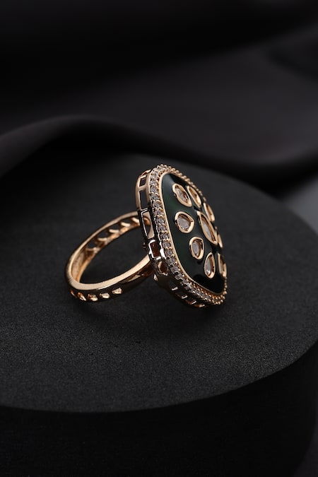 Swabhimann_Green Stones Polki Meena Adjustable Ring _Online_at_Aza_Fashions