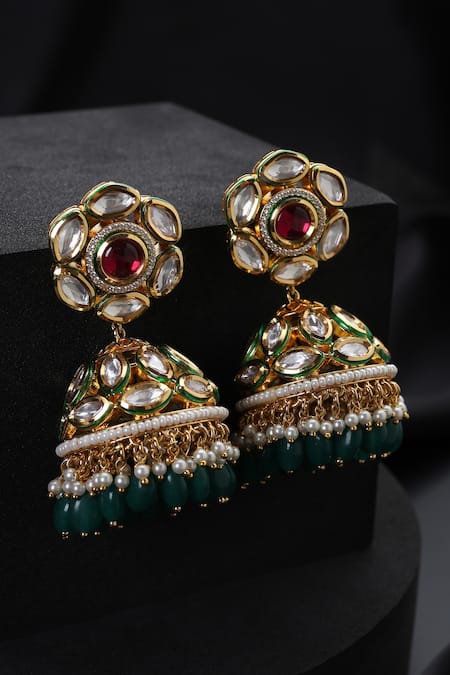 Shop_Swabhimann_Green Beads Kundan Jhumka Earrings _at_Aza_Fashions