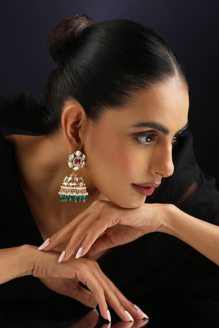Swabhimann_Green Beads Kundan Jhumka Earrings _Online_at_Aza_Fashions