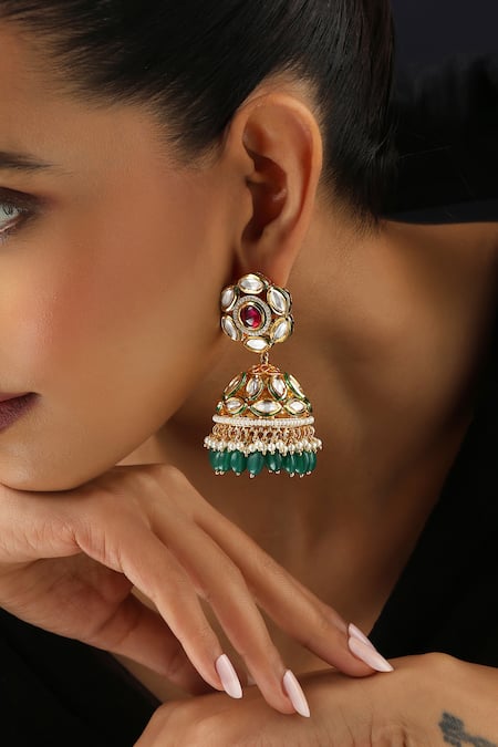 Buy_Swabhimann_Green Beads Kundan Jhumka Earrings _Online_at_Aza_Fashions