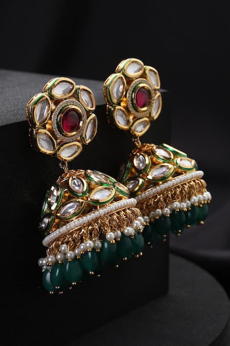 Shop_Swabhimann_Green Beads Kundan Jhumka Earrings _Online_at_Aza_Fashions