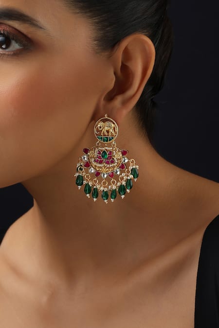 Shop_Swabhimann_Multi Color Beads, Stones Multicolour Kundan Chandbali Earrings_Online_at_Aza_Fashions