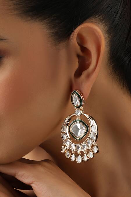 Swabhimann_Green Rose Gold Polki Chandbali Earrings _Online_at_Aza_Fashions