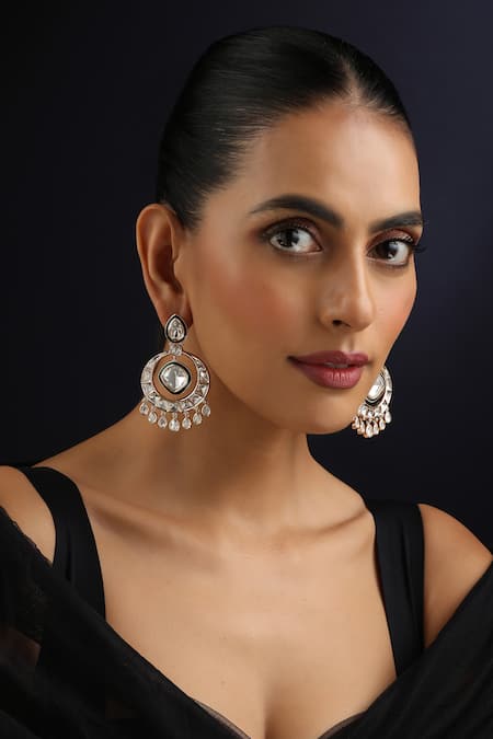 Shop_Swabhimann_Green Rose Gold Polki Chandbali Earrings _Online_at_Aza_Fashions