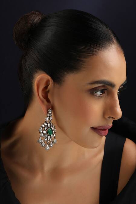 Swabhimann_Green Stones Victorian Polki Dangler Earrings_Online_at_Aza_Fashions