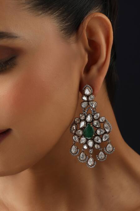 Buy_Swabhimann_Green Stones Victorian Polki Dangler Earrings_Online_at_Aza_Fashions
