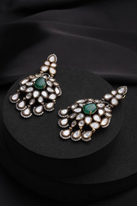 Shop_Swabhimann_Green Stones Victorian Polki Dangler Earrings_Online_at_Aza_Fashions