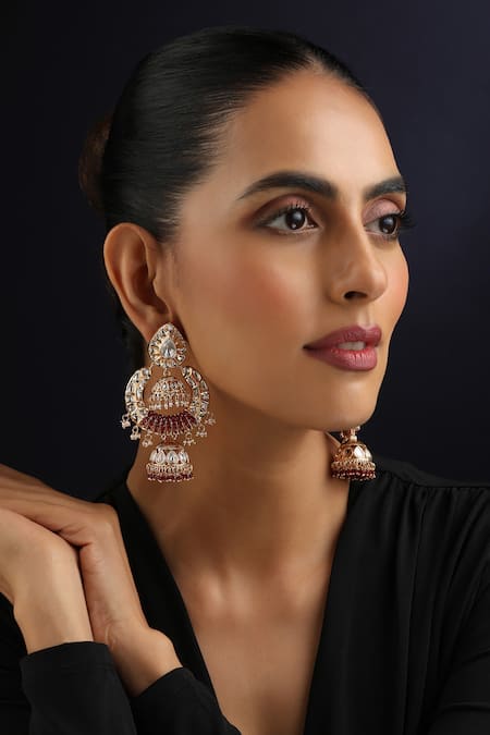 Swabhimann_Red Rose Gold Polki Jhumka Earrings _Online_at_Aza_Fashions