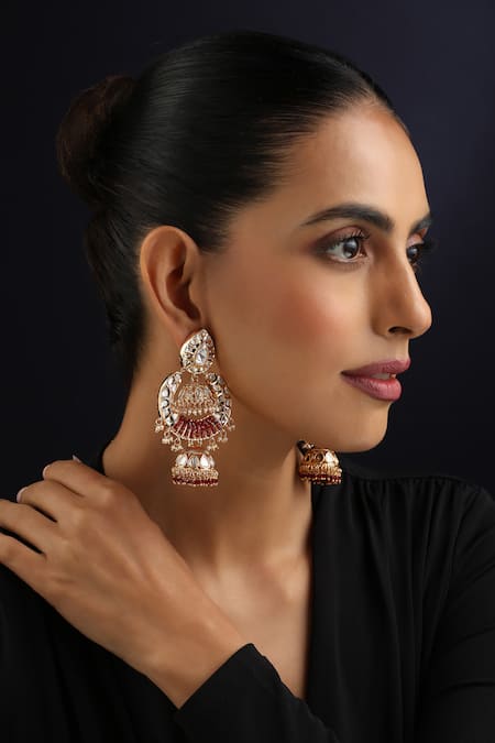 Swabhimann Red Rose Gold Polki Jhumka Earrings 